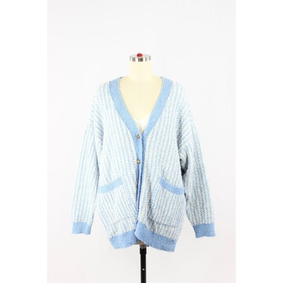 ZARA Blue White Cotton Blend Fuzzy Knit Oversized Cardigan Sweater, Size XS-S - Picture 1 of 15